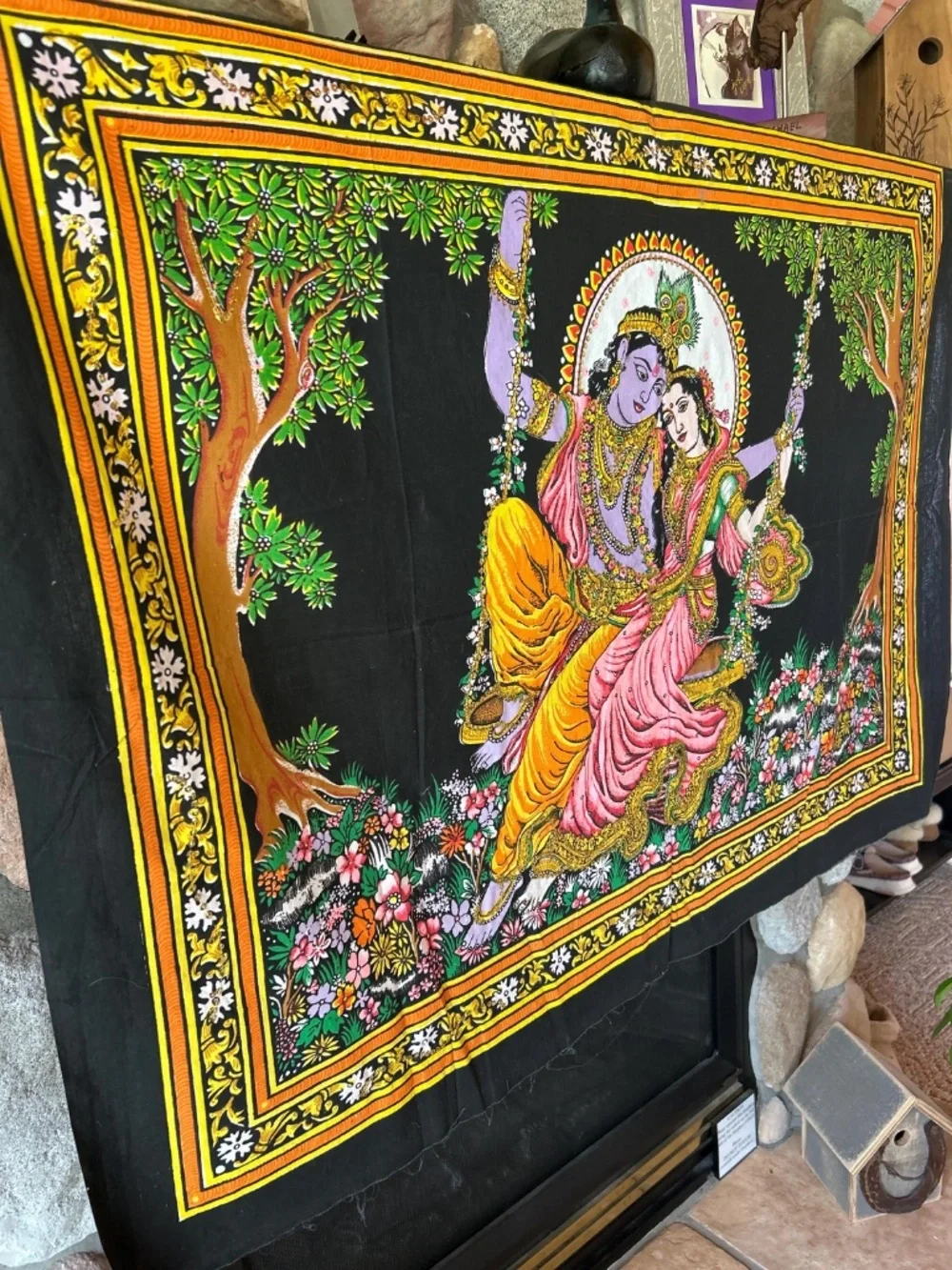 Pichwai Style Krishna Radha Sequin Tapestry | Sacred Hindu Folk Art Wall Decor